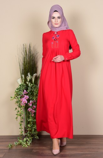 Nakışlı Elbise 8066-07 Kırmızı