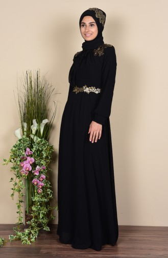 Şallı Dantel Detaylı Elbise 3010-04 Siyah