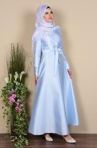 İnci Detaylı Kuşaklı Elbise 0001-02 Bebe Mavi