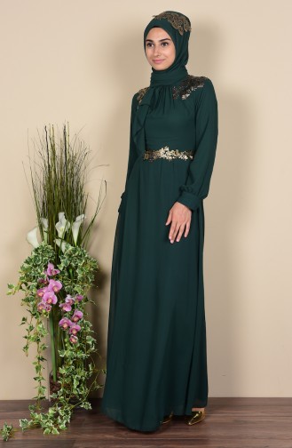 Şallı Dantel Detaylı Elbise 3010-01 Yeşil