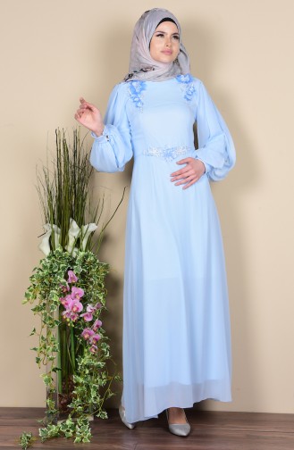 Çiçek Detaylı Elbise 52553-10 Mavi