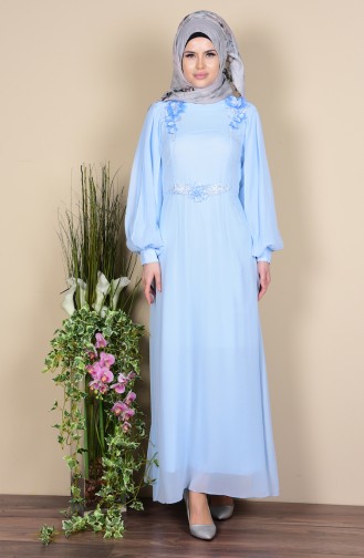 Çiçek Detaylı Elbise 52553-10 Mavi