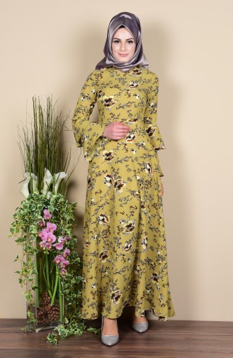 İspanyol Kol Elbise 4045-24 Haki Yeşil Sarı
