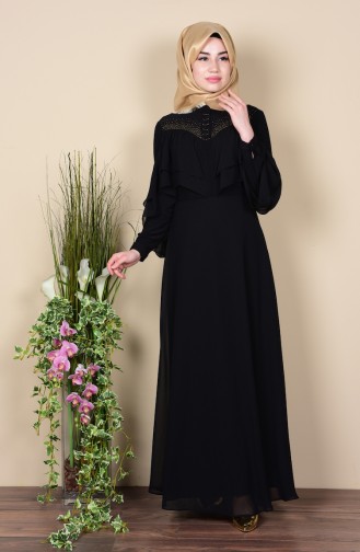Taş Baskılı Şifon Elbise 99017-03 Siyah