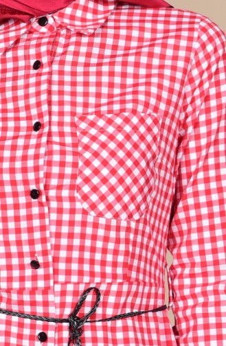 Kemerli Kareli Elbise 8051-11 Kırmızı Beyaz