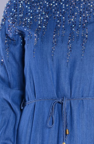Taş Detaylı Kot Elbise 1218-01 Mavi