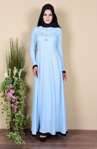 Dantel Detaylı Elbise 3009-07 Buz Mavi