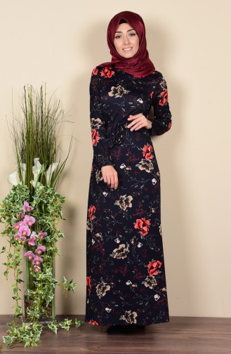 Çiçek Desenli Elbise 8750-08 Lacivert Kırmızı