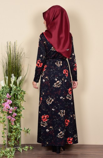 Çiçek Desenli Elbise 8750-08 Lacivert Kırmızı