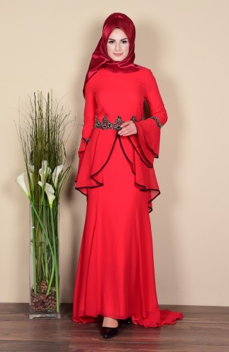 Dantelli Şifon Abiye Elbise 3012-02 Kırmızı