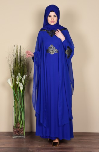 Saxe Hijab Evening Dress 3014-02