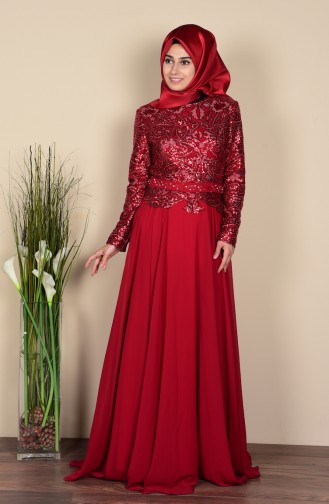 Claret Red Hijab Evening Dress 6803-05