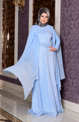 Robe de Soirée Détail Dentelle 7113-05 Bleu Bébé 7113-05