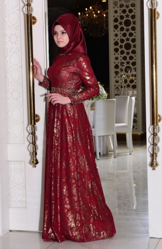 Claret Red Hijab Evening Dress 7110-01
