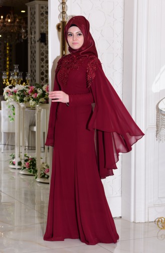 Taş Detaylı Şifon Abiye Elbise 7221-02 Bordo