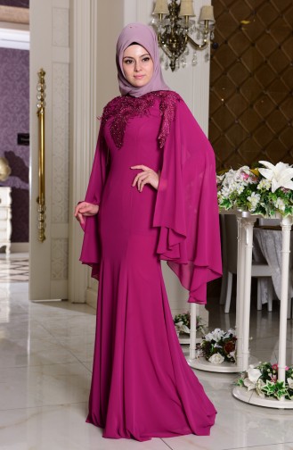 Robe de Soirée Detaillé de Pierre 7221-03 Fushia Foncé 7221-03