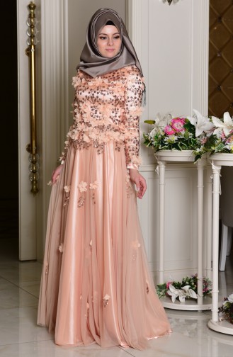 Cream Hijab Evening Dress 7146-01