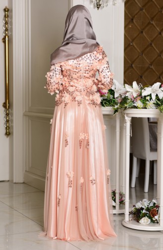 Cream Hijab Evening Dress 7146-01