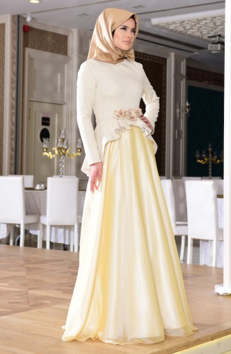 Cream Hijab Evening Dress 7155-01