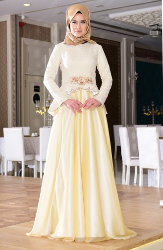 Cream Hijab Evening Dress 7155-01