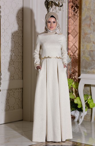 Cream Hijab Evening Dress 7151-04