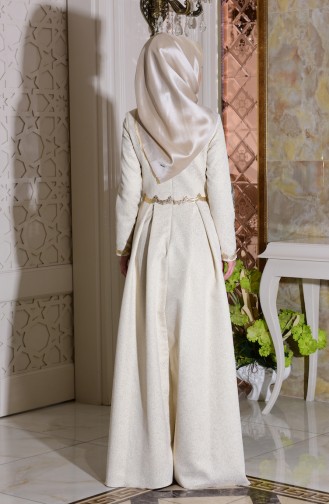 Cream Hijab Evening Dress 7151-04