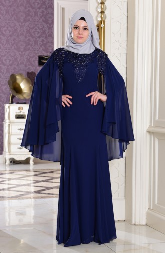 Navy Blue Hijab Evening Dress 7221-01