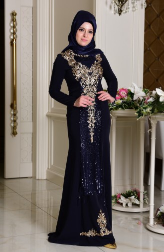 Navy Blue Hijab Evening Dress 7621-01