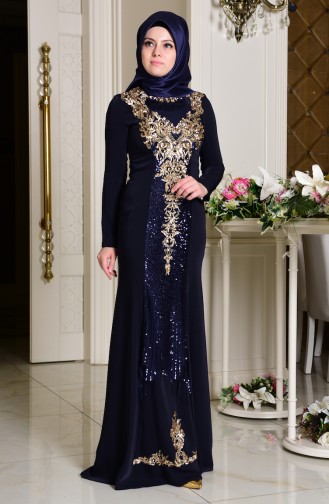 Navy Blue İslamitische Avondjurk 7621-01