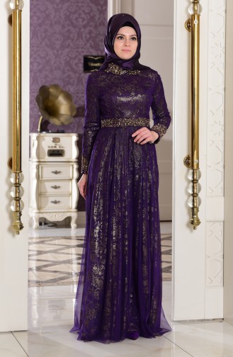 Purple Hijab Evening Dress 7110-03