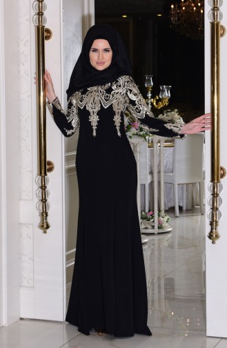 Black Hijab Evening Dress 7605-02