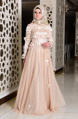 Salmon Hijab Evening Dress 7146-03