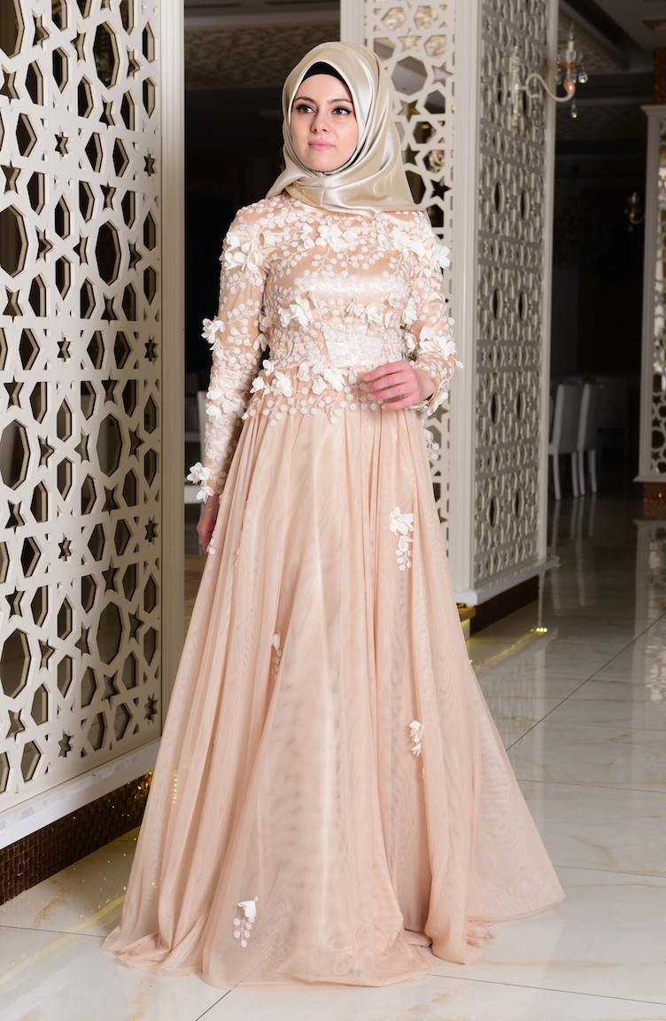 Salmon Hijab Evening Dress 7146-03