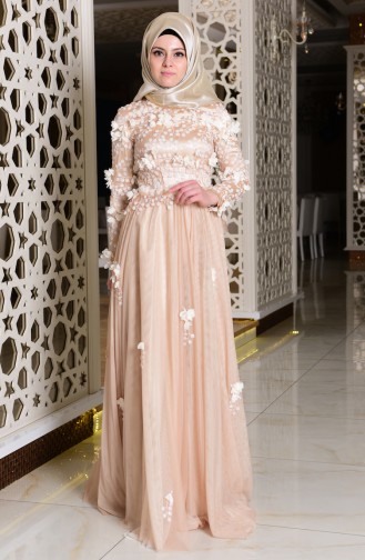 Salmon Hijab Evening Dress 7146-03