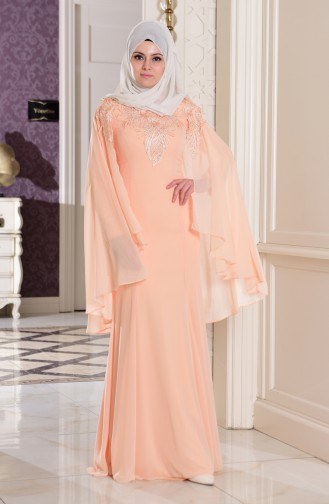 Salmon Hijab Evening Dress 7221-04