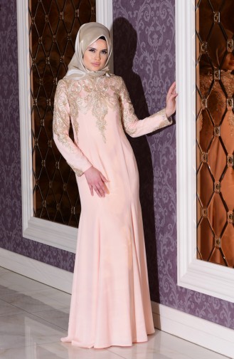 Salmon Hijab Evening Dress 7605-03