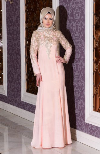 Salmon Hijab Evening Dress 7605-03