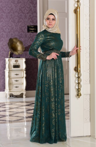 Emerald Green Hijab Evening Dress 7110-04