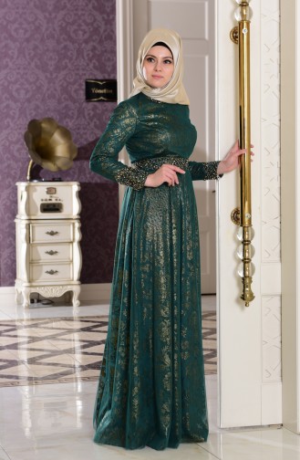 Robe de Soirée Detaillé de Perle 7110-04 Vert emeraude 7110-04