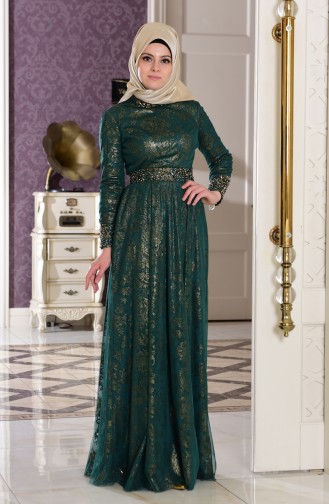 Robe de Soirée Detaillé de Perle 7110-04 Vert emeraude 7110-04