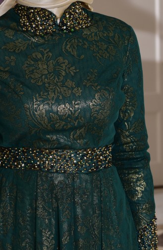 Boncuk Detaylı Abiye Elbise 7110-04 Zümrüt Yeşil