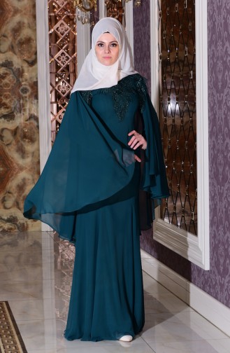 Emerald Green Hijab Evening Dress 7221-06
