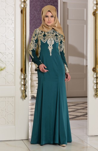 Emerald Green Hijab Evening Dress 7605-01