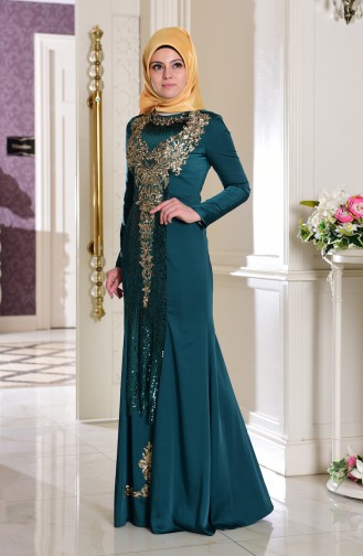 Emerald Green Hijab Evening Dress 7621-04