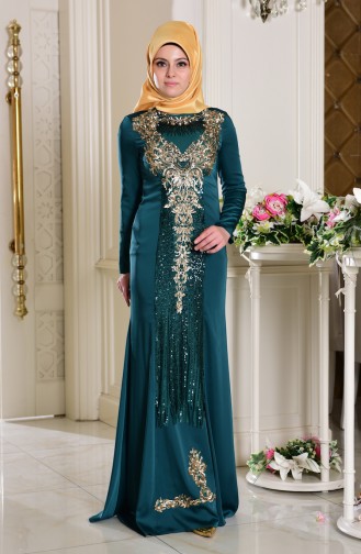 Emerald Green Hijab Evening Dress 7621-04