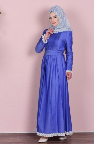 Dantel Detaylı Kemerli Elbise 0115-05 Mavi
