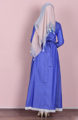 Dantel Detaylı Kemerli Elbise 0115-05 Mavi