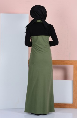 Polo Yaka Garnili Elbise 2802-12 Açık Haki Yeşil Siyah