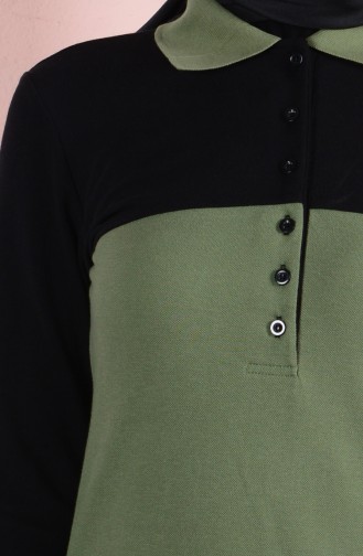 Polo Yaka Garnili Elbise 2802-12 Açık Haki Yeşil Siyah