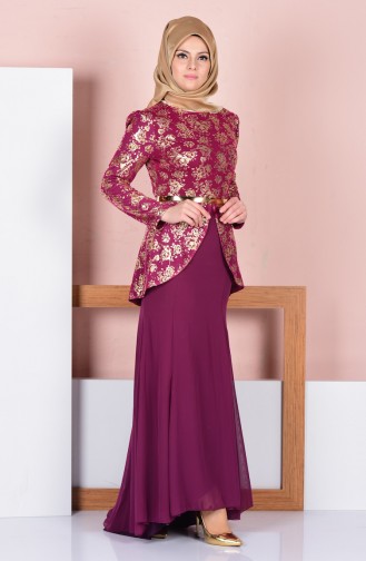 Kemerli Peplum Elbise 3015-01 Açık Mürdüm